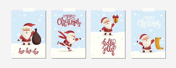 Set of greeting cards for Christmas new year winter holiday with cute funny xmas Santa Clauses and lettering. Christmas poster vector illustration in flat cartoon style