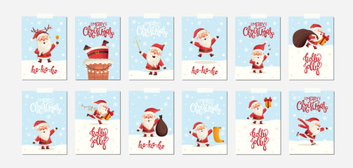 Set of Christmas greeting cards with cute funny xmas Santa Clauses with different poses, emotions, new year winter holiday with lettering. Christmas poster vector illustration in flat cartoon style - obrazy, fototapety, plakaty