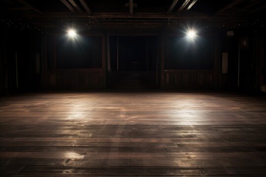 empty stage with old wooden floorboards under dim light