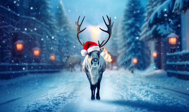Rentier mit Weihnachtsmannm&uuml;tze im Winterwald