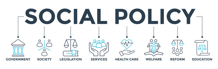 Social policy banner web icon vector illustration concept with icon of government, society, legislation, services, health care, welfare, reform, education
