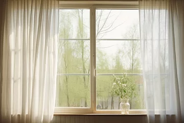 Foto op Canvas a wide open window with sheer curtains rustling in the breeze © Alfazet Chronicles