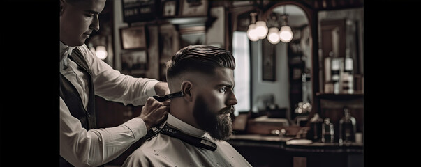Fototapeta na wymiar barber cutting beard in barber shop.