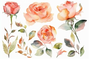 Watercolor elements of pink-peach roses. Generative AI