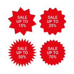 Red splash badges. Set of 4 starburst shapes isolated on white background. Collection of tag product labels. Star burst price stickers. Sale discount promo boxes, stamps. Vector illustration.