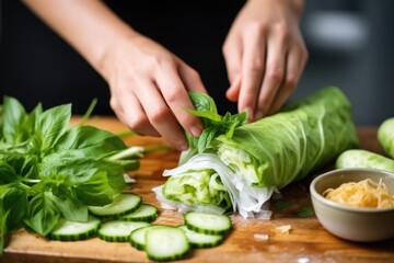 Obraz na płótnie Canvas hand pouring fresh cucumber slices into the middle of a spring roll wrap