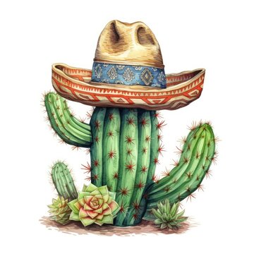 Watercolor Cactus with a Mexican sombrero