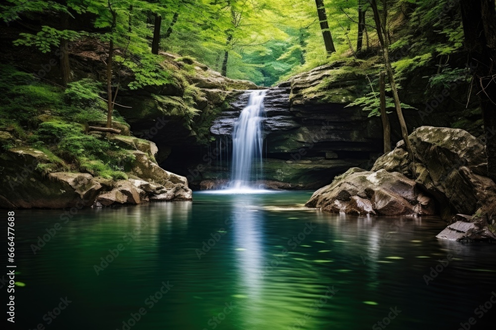 Poster a scenic waterfall flowing into a tranquil pool in a forest