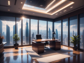 Modern office with windows and city view.
