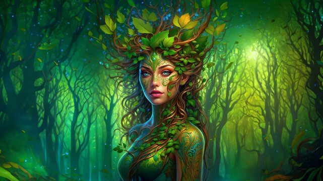 A sleek and mysterious dryad, her body a fusion of nature and technology, stands amidst a digital landscape. The image is a digital painting