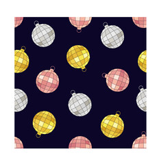 Christmas disco balls seamless pattern on dark background. Vector design.