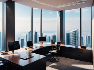 Modern office with windows and city view.