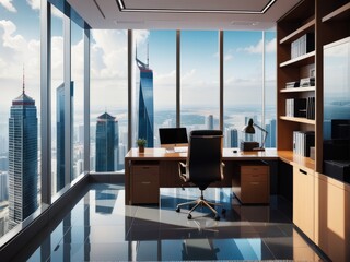 Modern office with windows and city view.