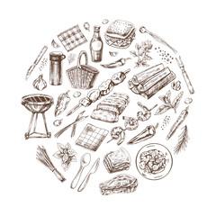 Vintage set of hand drawn monochrome  barbecue and picnic icons. Elements in circle. For the design of the menu of restaurants and cafes, grilled food. Vector illustrations in sketch style.