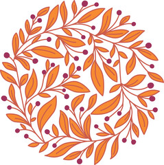Floral botanical pattern in a circle. Vector floral graphics with autumn colors leaves