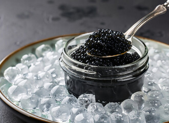 Baltic Sea caviar and sturgeon caviar on a plate with ice cream and a spoon
