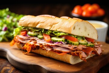 a generous sub sandwich loaded with veggies and meats - obrazy, fototapety, plakaty