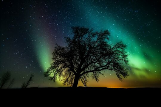 Night sky with auroras and tree silhouettes. Generative AI