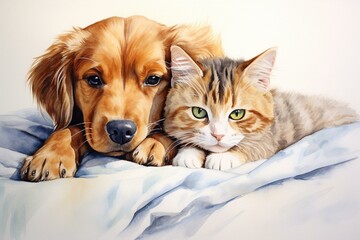 A watercolor painting of a cat and dog. Generative AI