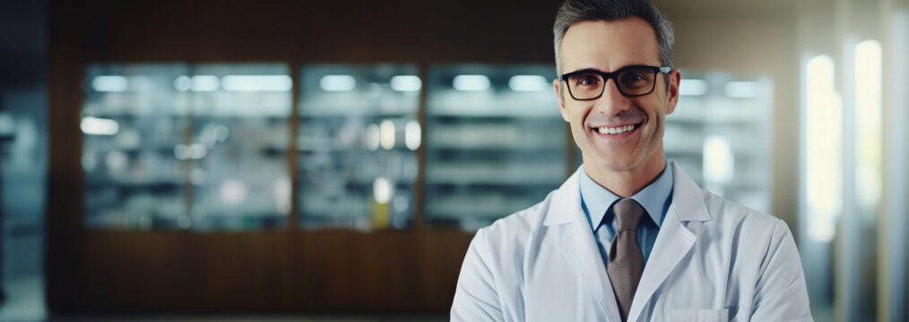 Smiling doctor or pharmacist in a white coat and tie, male physician, wearing a white lab coat, medical background, professional image. With copy space.