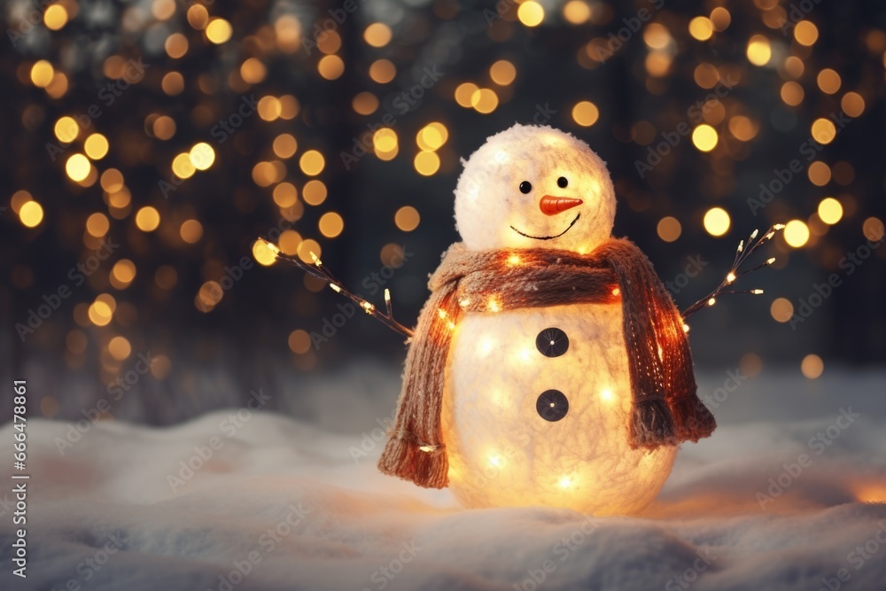 Wall mural snowman with twinkling fairy lights wrapped around it