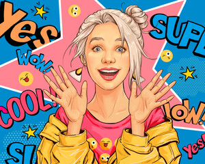 Surprised  woman on Pop art  background . Advertising poster or party invitation with sexy young smiling  girl  in comic style.  Expressive facial expressions - 666478854
