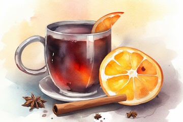 Watercolor-style image featuring a mug of mulled wine with cinnamon sticks and an orange slice. Generative AI