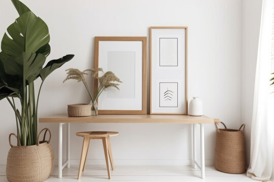A cozy and comfortable living space featuring a minimalist table with a lamp and picture frame mockup. AI Generative.
