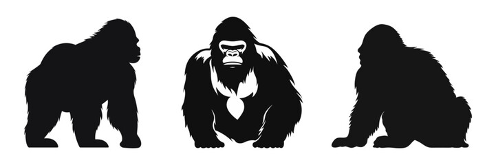 Set gorilla logo. Chimpanzee black silhouette icon isolated. Vector illustration © dariachekman
