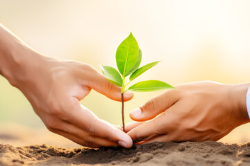 Gentle hands cradle tender sapling, symbolizing hope and rebirth. Bathed in soft sunlight, act of planting promises a greener future, healthy relationships and favorable environment