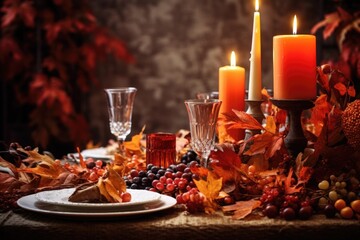 Naklejka na ściany i meble candles with autumn foliage on a table setting
