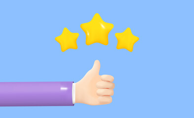 Thumbs up and stars icon. Flat, color, hand with thumbs up, 3 star rating, 3D illustration, hand with thumbs up, stars rating. Vector illustration