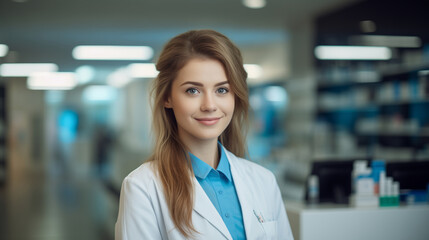 Fototapeta premium Cheerful pharmacist standing in pharmacy drugstore, Medicine, pharmaceutics, health care and people concept: happy female pharmacist giving medications to senior male customer