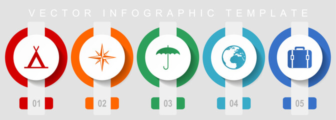 Adventure flat design icon set, miscellaneous icons such as tent, navigation, umbrella, globe and case, vector infographic template, web buttons collection