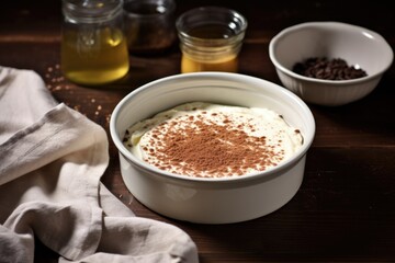 tiramisu preparation featuring a bowl of mascarpone cheese