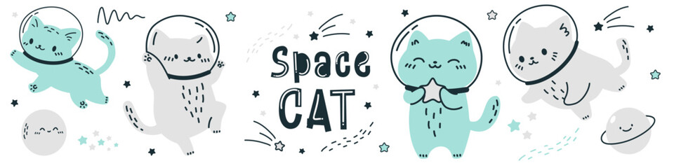 Scandinavian style vector set. Cats in spacesuits flying in space. Space cat inscription. Stars and planets . Vector illustration