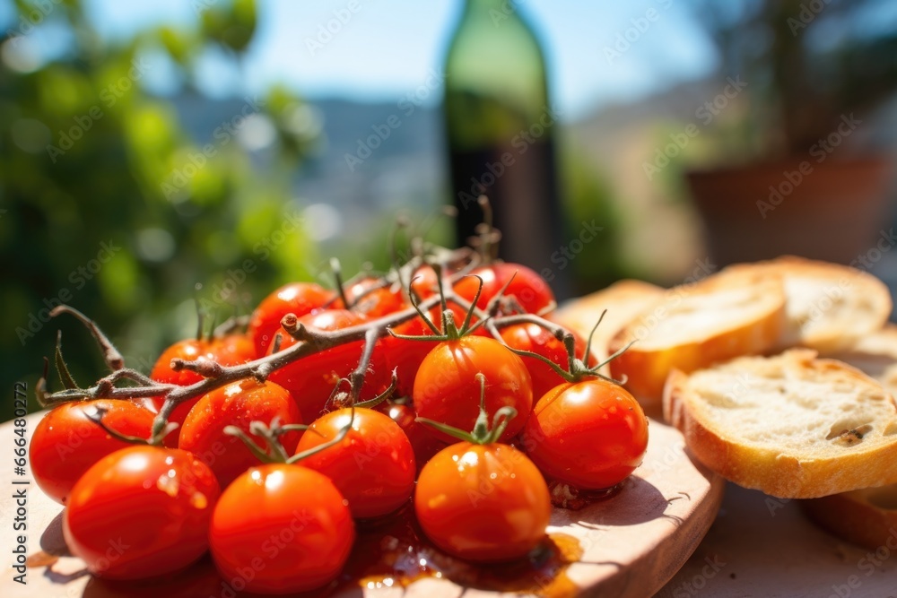 Poster glossy, red cherry tomatoes on vine beside built bruschetta