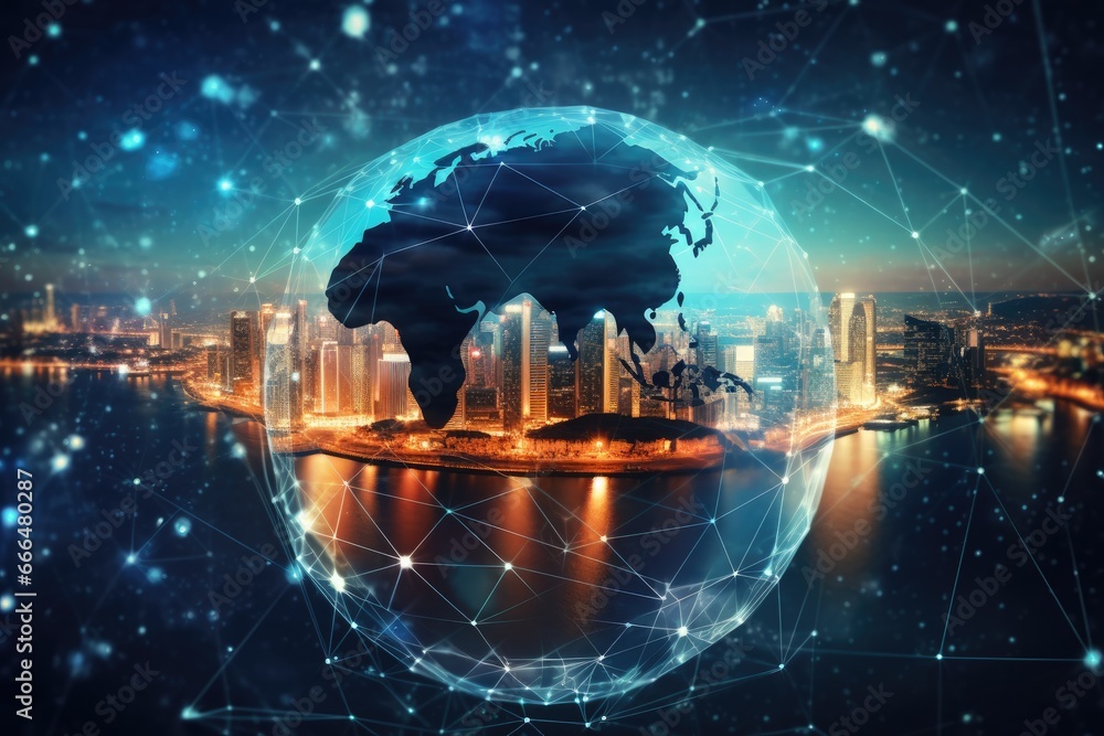 Poster Global connection and internet network over cityscape background. 3D rendering, Global network connection and technology concept. 3d rendering double exposure background, AI Generated