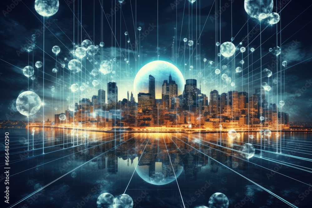 Poster abstract image of modern cityscape and digital connection concept. 3d rendering, global network conn