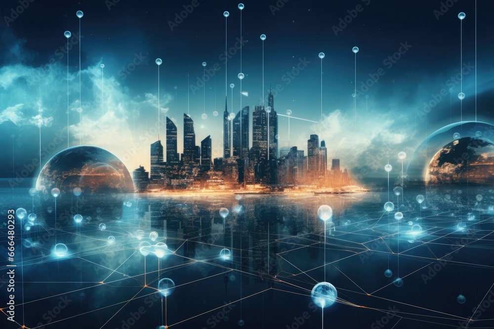 Poster futuristic city and network connection concept. 3d rendering, global network connection and technolo