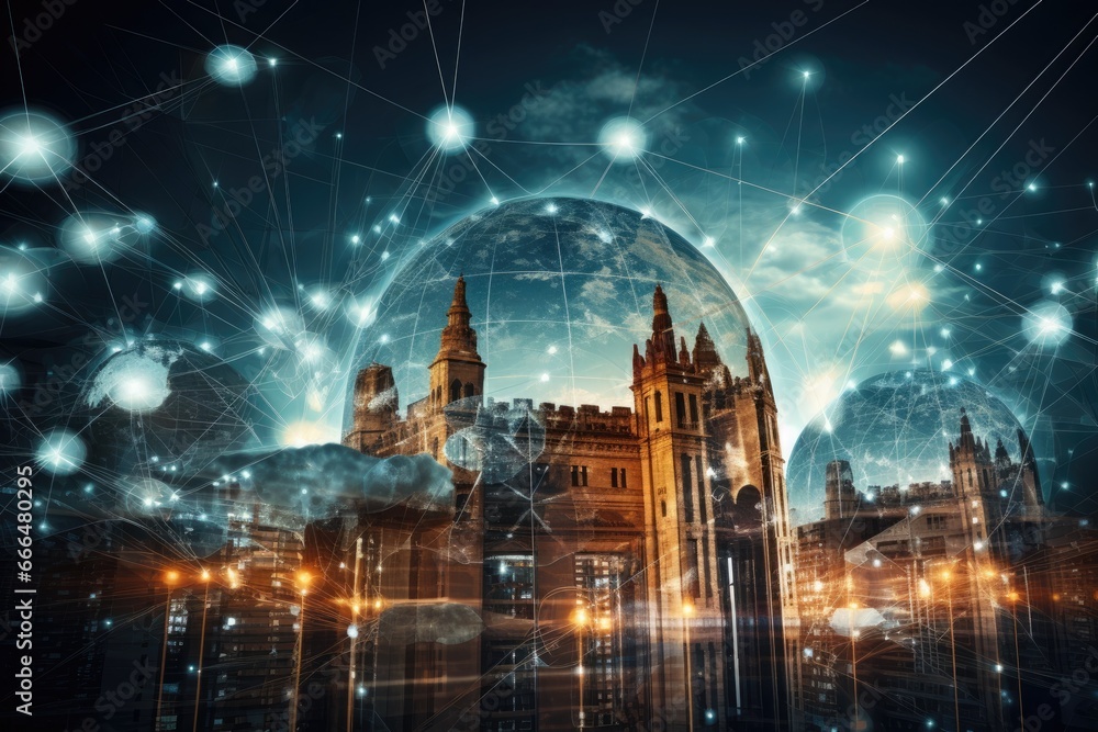 Poster glowing london skyline with buildings and internet connection. 3d rendering, global network connecti