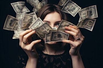 Young woman with money in her hands on dark background. Close-up, Girl covering her face with money fan close up, no hand deformation, AI Generated - obrazy, fototapety, plakaty