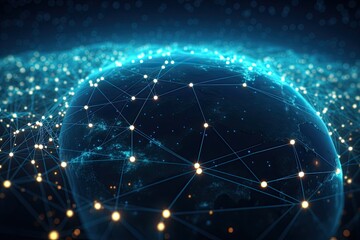 Global network connection over blue background. 3d rendering toned image double exposure, Global network connection. Futuristic technology background. 3D rendering, AI Generated