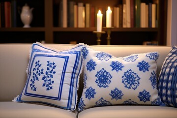blue and white hanukkah pillows on a couch