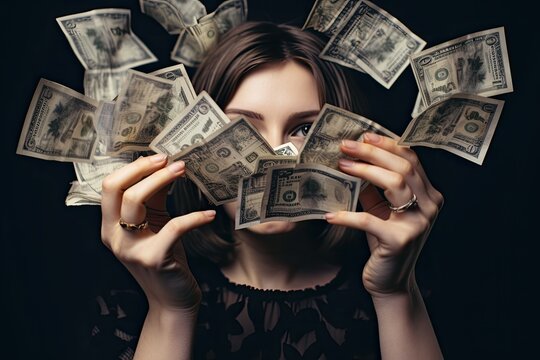 Young Woman With Money In Her Hands On Dark Background. Close-up, Girl Covering Her Face With Money Fan Close Up, No Hand Deformation, AI Generated