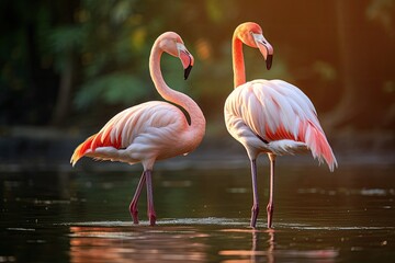 Two flamingos in the water at sunset, close-up, Greater flamingo Phoenicopterus roseus, AI Generated