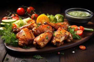 Fototapeta premium Baked chicken wings with vegetables and sauce on a wooden background, Grilled chicken wings with vegetables on dark wooden background. Selective focus, AI Generated