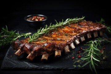 Grilled ribs with rosemary and spices on a black background, grilled ribs with herbs and spices on Black background, copy space, AI Generated