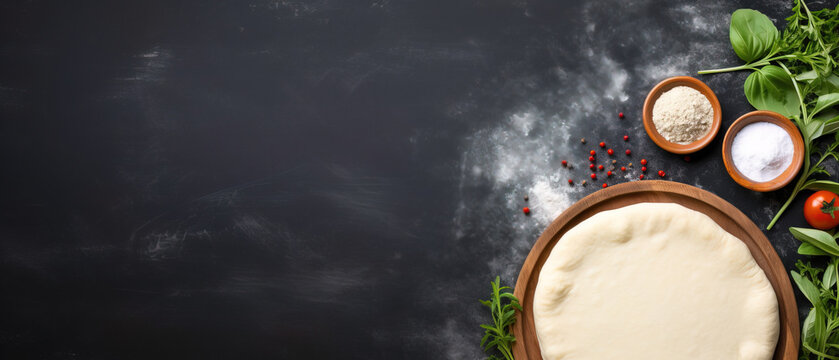 empty rolled out pizza dough with pizza mozzarella ingredients (cheese, tomato, basil) minimalistic background, with empty copy space, top view