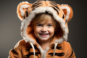 Portrait of a baby child wearing a tiger costume on isolated background